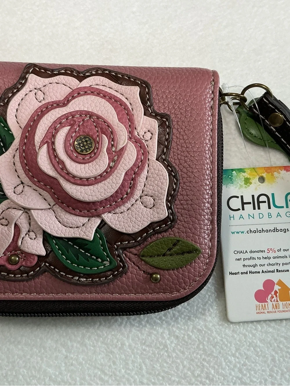 Chala Handbags Rose Zip Around Wallet Wristlet Dusty Pink Mauve Floral NWT